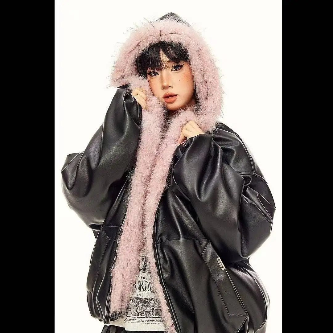 

Hihg Street кожаное пальто с капюшоном из искусственного меха женское осенне-зимнее теплое пальто в американском стиле женское винтажное однотонное пальто 90-х годов шикарное