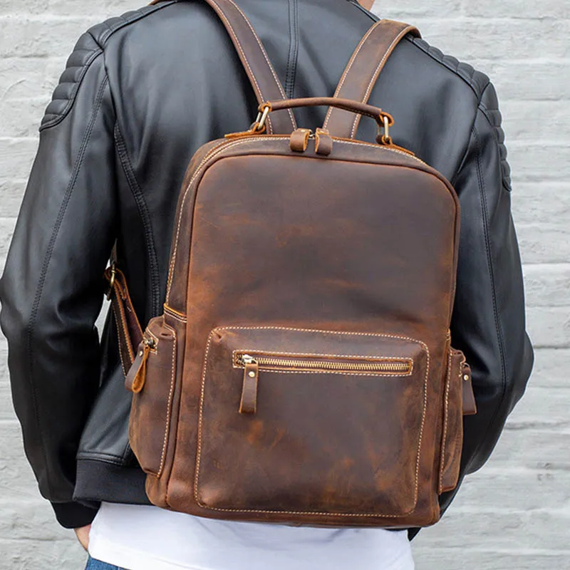 Luufan Crazy Horse Genuine Leather Men Backpack Laptop Business Bag Vintage Cow Leather Travel Backpack Men Daypack School Bags