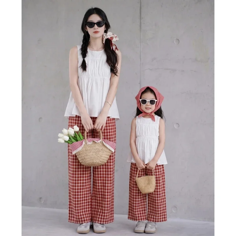 Mommy and Me Matching Outfits Sleeveless Ruffle Cami Top + Red Plaid Wide Leg Pants Family Matching Summer Parent-Child 2Pcs Set