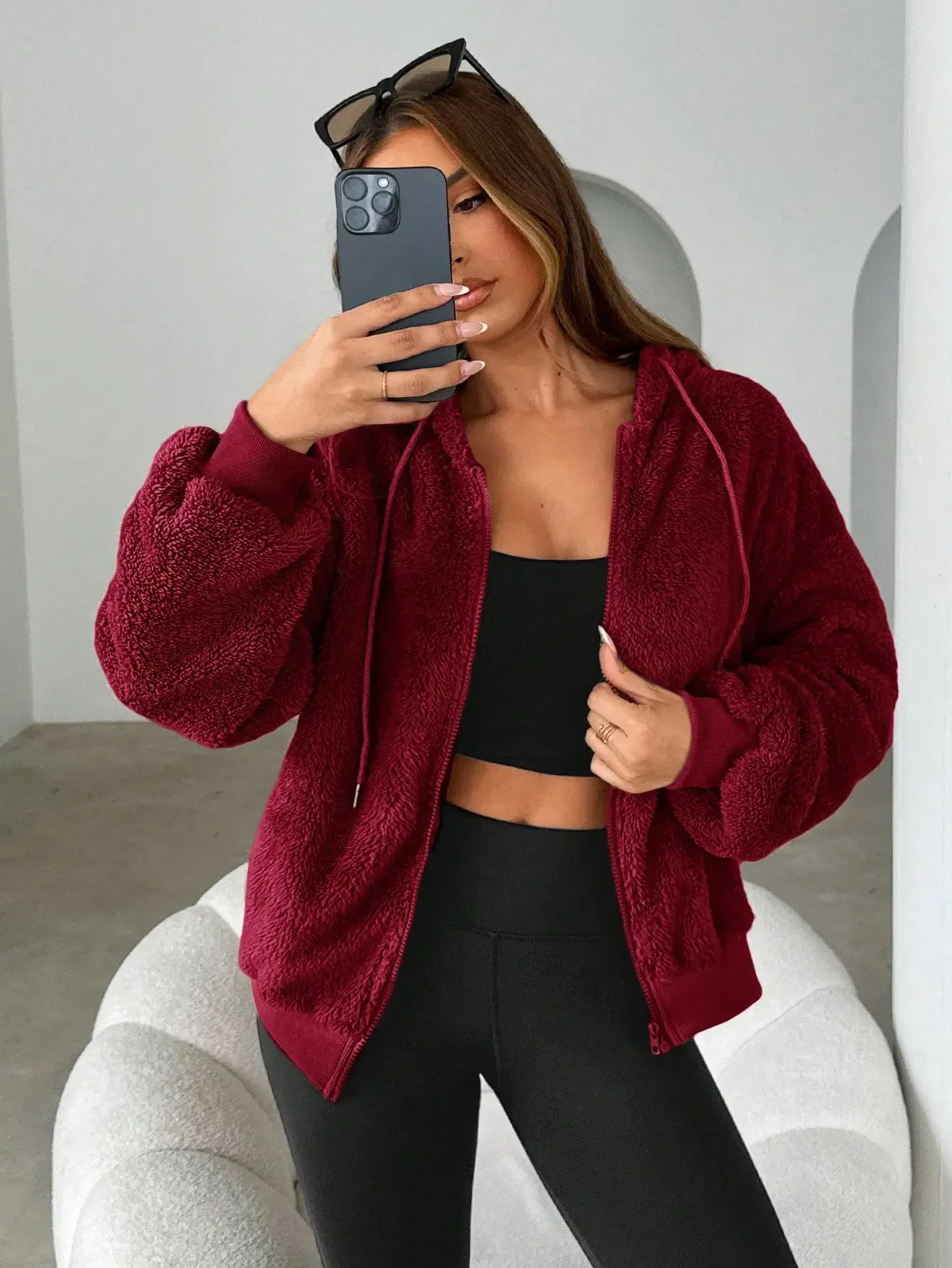 Cozy FuzzyFleece ZipUpHoodieAthleisureLoungewearChillAesthetic Long Sleeves Thick Sherpa Outerwear Solid Deep Burgundy Maroon Wine Red Adjustable Drawstring Hood Ribbed Cuffs And Hem Plush Texture Warm Fit For Winter Chilly Morning Walks Valentine Present