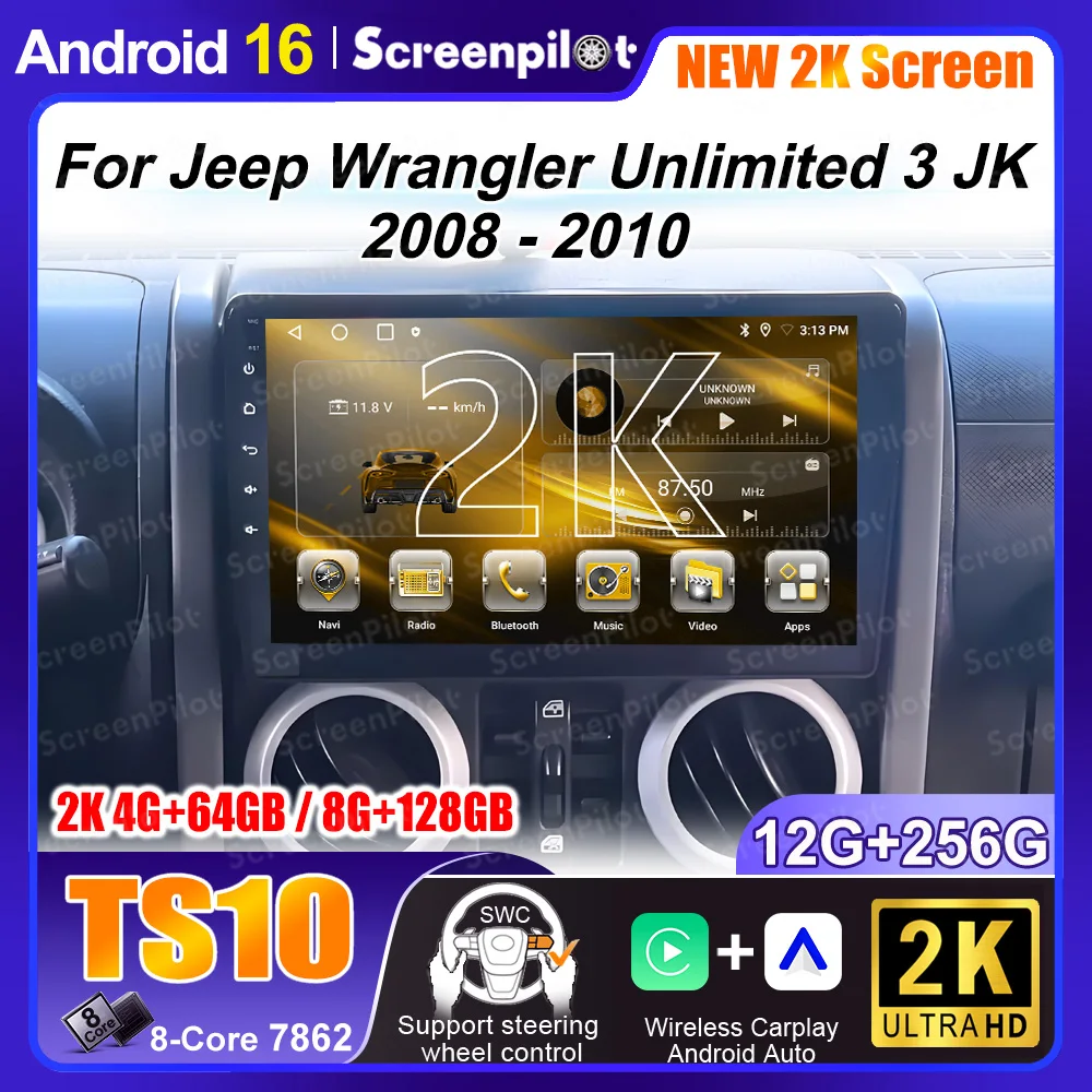 CarPlay Android 16 For Jeep Wrangler Unlimited 3 JK 2008 - 2010 360 Camera Car GPS Navi Head Unit Radio Auto 4G LTE WiFi DVD