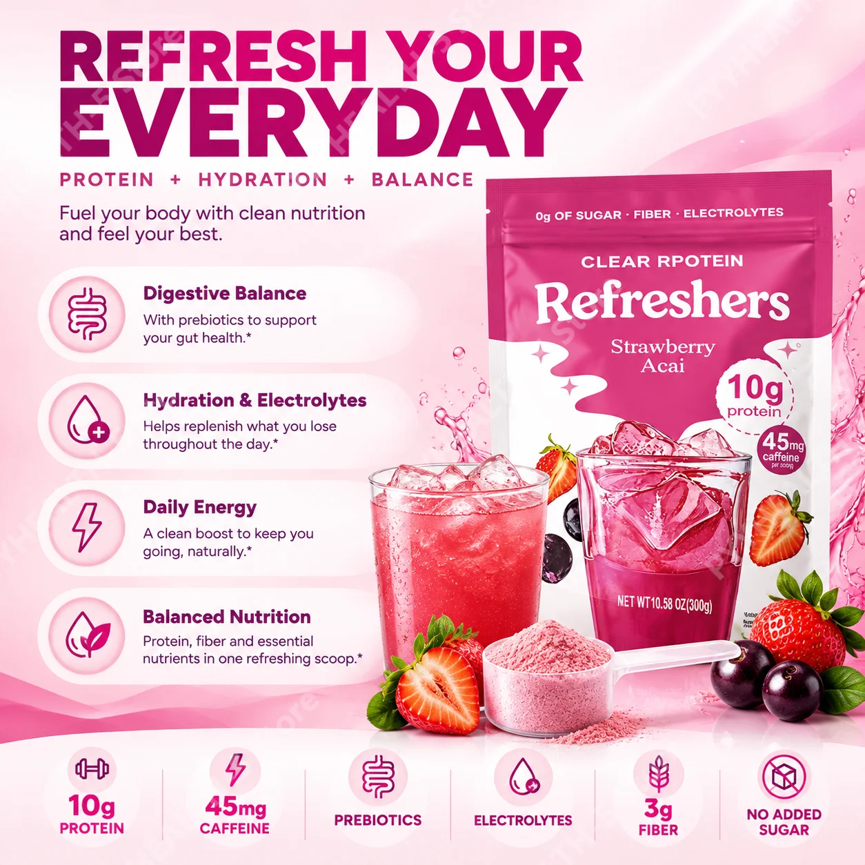 Protein Refreshers Powder with 10g Protein, 3g Fiber Electrolytes, 45mg Caffeine Energy & Hydration Support 0g Sugar 20 Servings