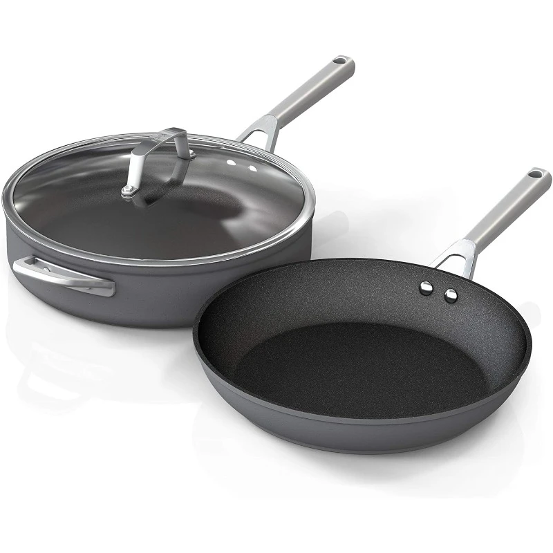 Premium 3-Piece Cookware Set, 12-Inch Fry Pan,5-Quart Sauté Pan Glass Lid,Hard-Anodized,Nonstick,Durable Oven Safe To 500°F