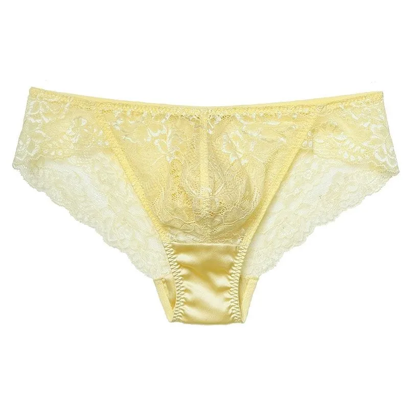 Underwear Men's Sissy Low Rise Briefs See Through Floral Lace Bow Satin Convex Pouch Lingerie Nightclub Couple BF Panties