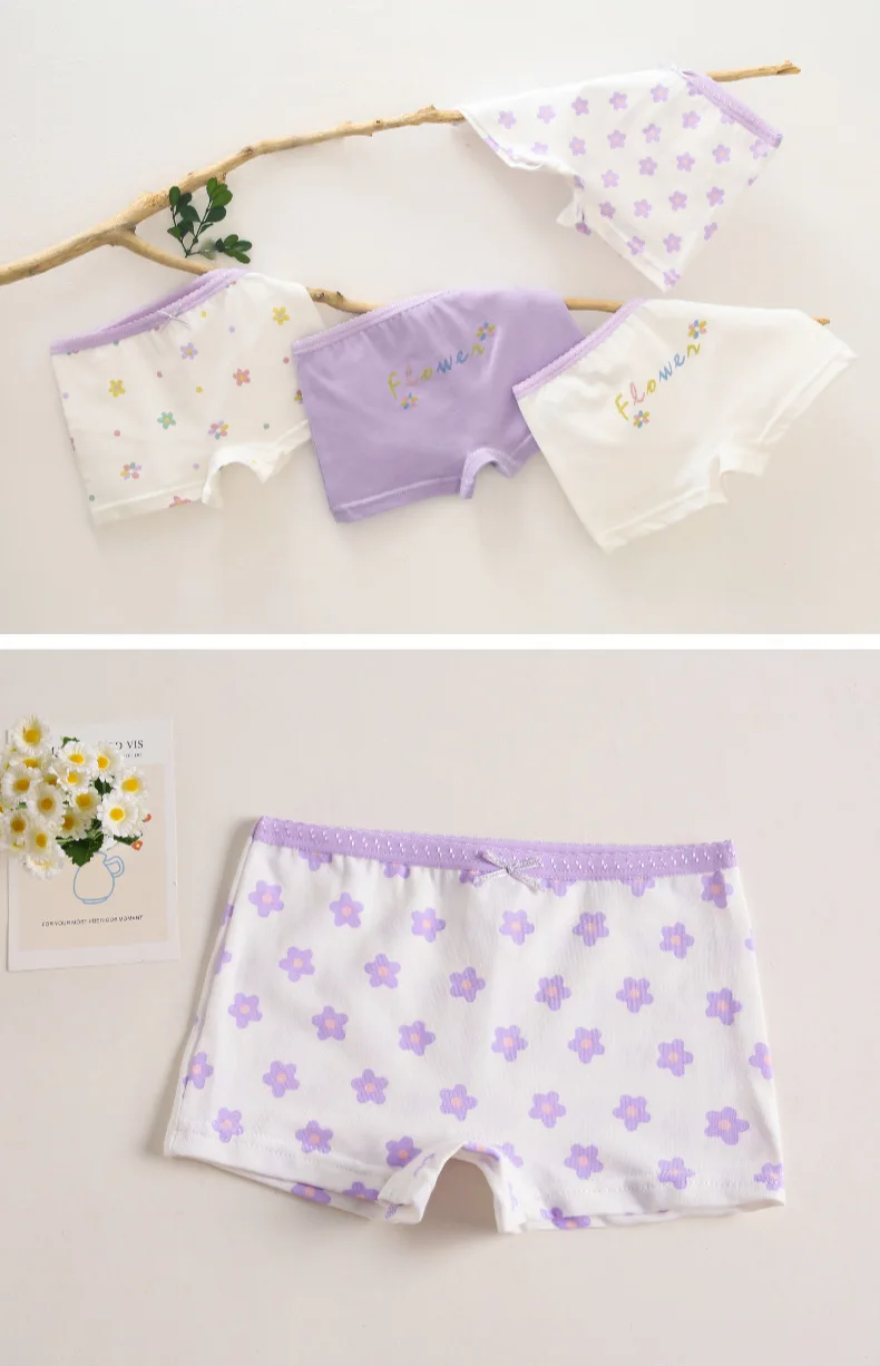 Girls' Cotton Breathable Boxer Briefs White And Purple Floral Print Kids' Safety Shorts Children's Underwear
