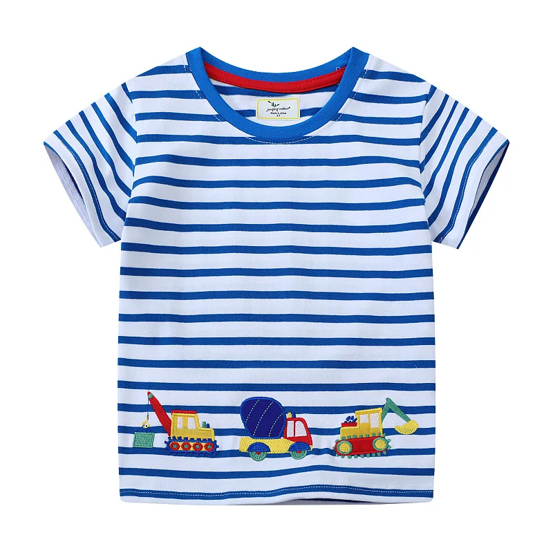 2-7Y New Boys T-shirt  Cartoon Excavator Embroidered Tees Little Kids blue stripe Short-sleeved T Shirts Tops Kids Clothings