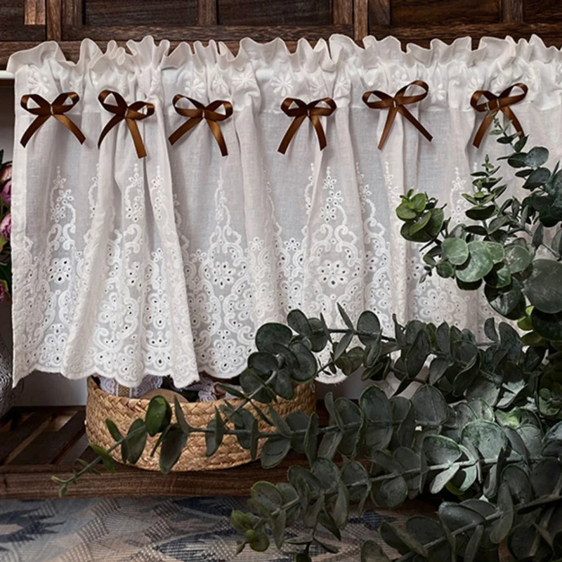 

White Floral Lace Valances for Kitchen Rod Pocket Half Window Elegant Scalloped Edge Sheer Curtains for Small Window Living Room