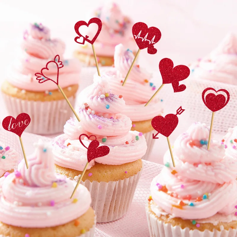 24 stücke Glitter Liebe Herz Kuchen Topper Valentinstag Dessert Einsatz Rot Diy Backen Plug-in Dekor Hochzeit Cupcake Topper liefert