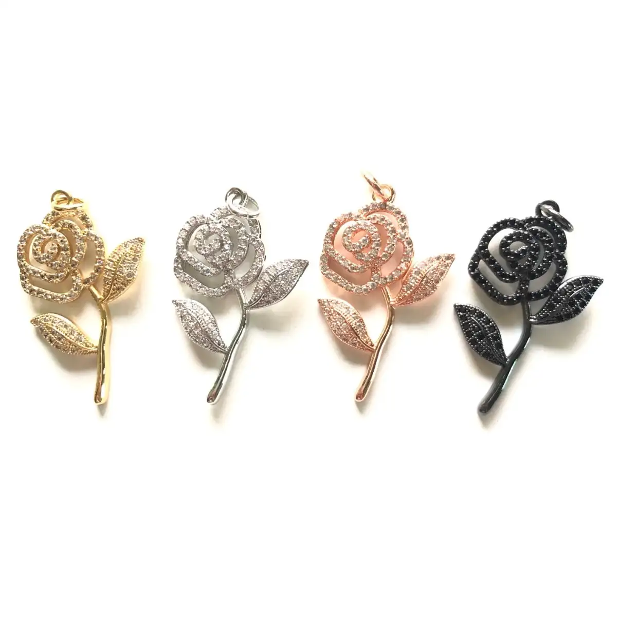 5pcs Sparkle Rose Flower Charms Pendant for Bracelet Making Women Necklace Bling Cubic Zirconia Pave Jewelry Accessory Wholesale
