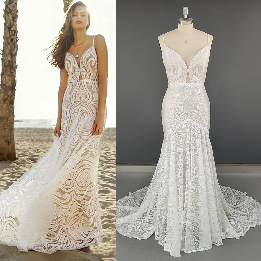 Sleeveless Spaghetti Strap Deep Sweetheart Wedding Dress Trumpet Lace Backless Customized Bohemian Beach Bridal Gown With Train
