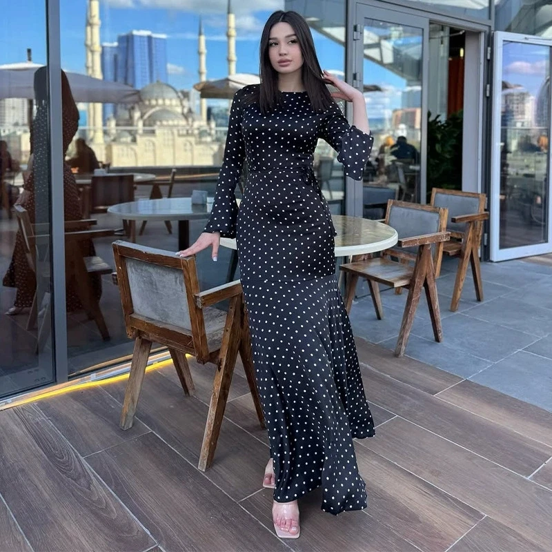 Maxikleid im Vintage-Stil mit Polka-Dot-Print und Gürtel, langärmelig, lässig, elegant, modisches Damenkleid