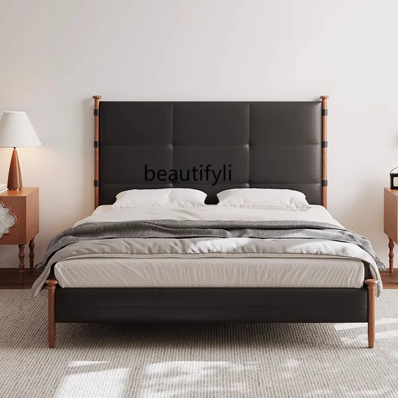 French Vintage Style High-Back Leather Upholstered Bed for Master Bedroom, Home Use, Solid Wood Black Oil-Waxed Leather Bed