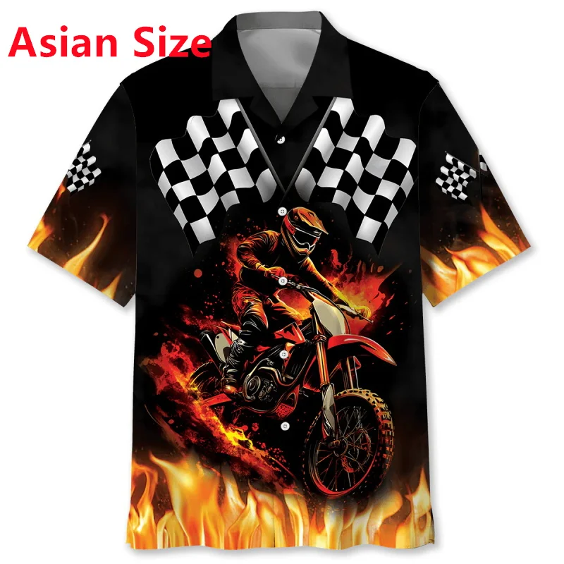 3D Print Motocross Racing Fire Hawaiian Shirts For Men New In Summer Short Sleeve Button Up Beach Shirts Blouse Mens Aloha Shirt