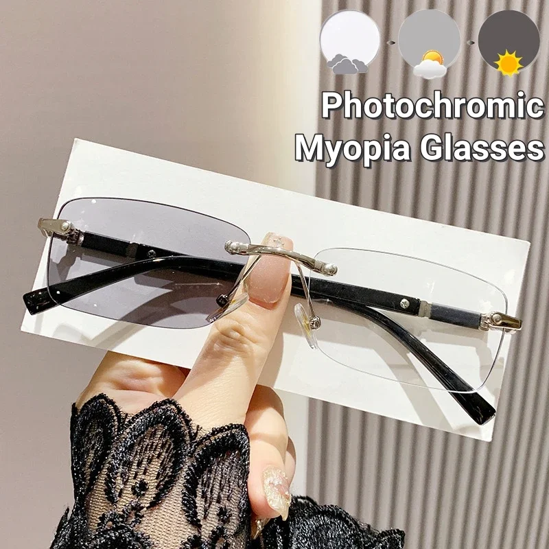 Business Photochromic Frameless Myopia Glasses for Men Cut Edge Anti Blue Light Near Sight Glasses Color Change Eyeglasses