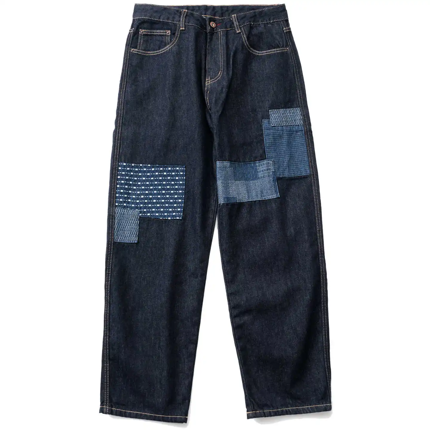 Japanese Retro Patchwork Denim Jeans Loose Straight Leg Washed Original Color Pants