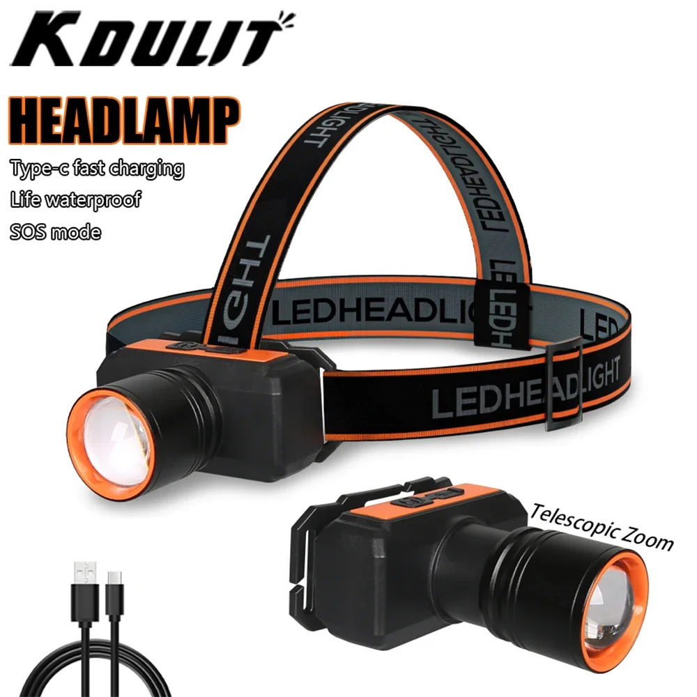 KDULIT Powerful LED Headlamp USB Rechargeable Telescopic Zoom Headlights Outdoor Waterproof Work Head Lamp Outdoor Camping Lamp