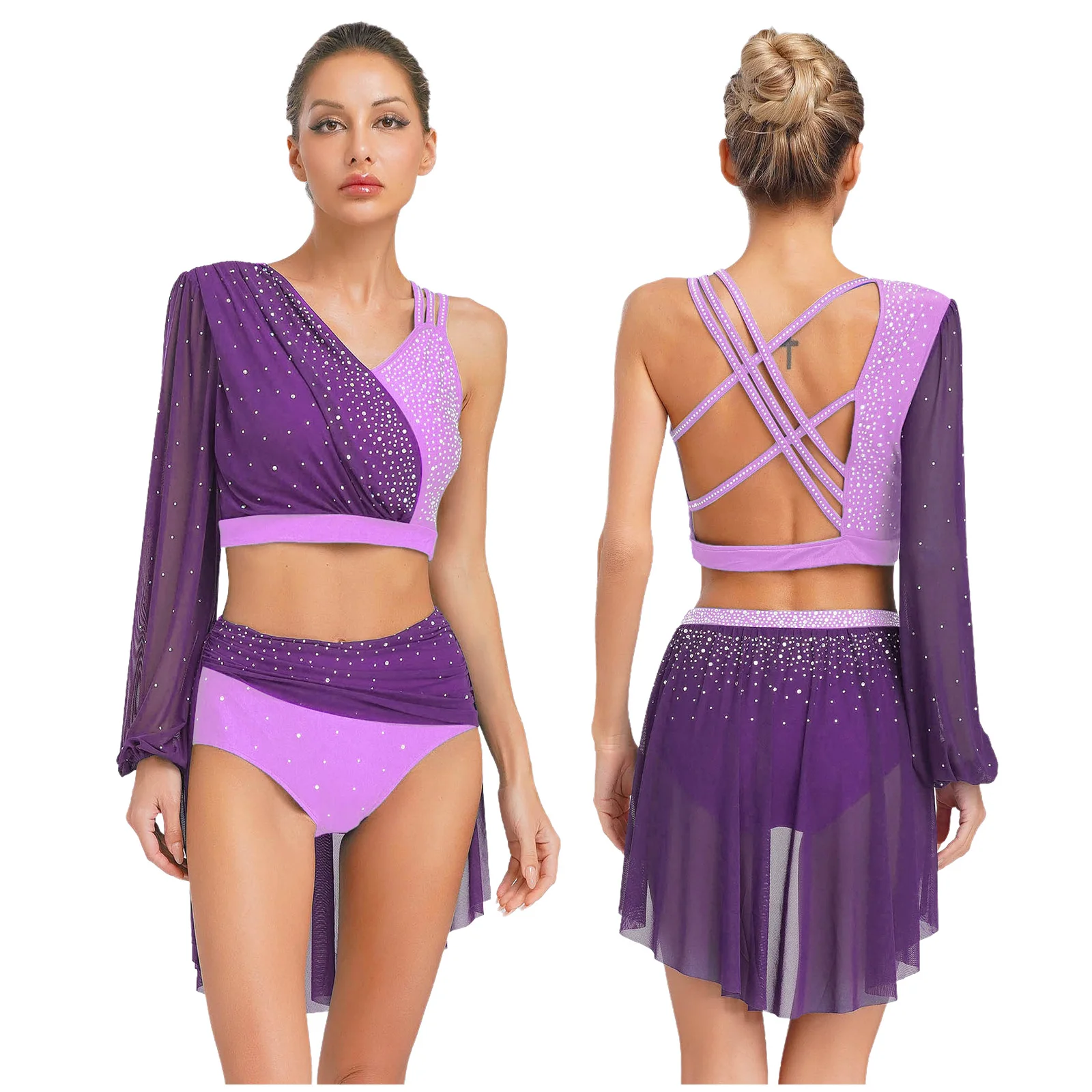 

Women Modern Dance Show Costume Outfits Set Lyrical Skating Dancewear Rhinestones Backless Crop Top And Mesh Skirted Briefs Suit