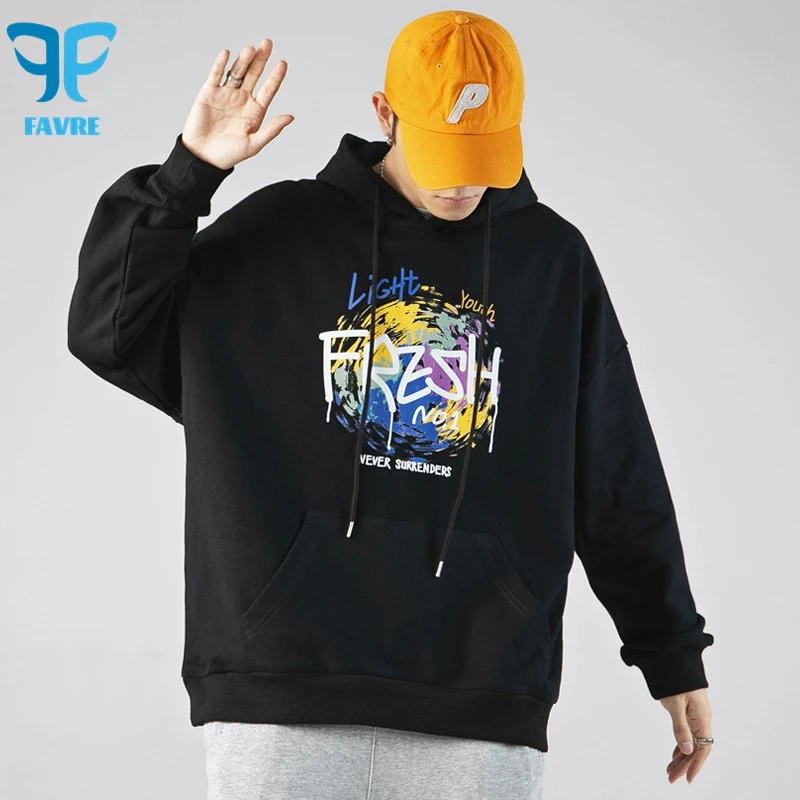 

FAVRE Mens Letter Sweatshirts Swirl Print Pullovers Y2K Spring Autumn Hoodies Ins Casual Hong Kong Style High Street Loose Tops