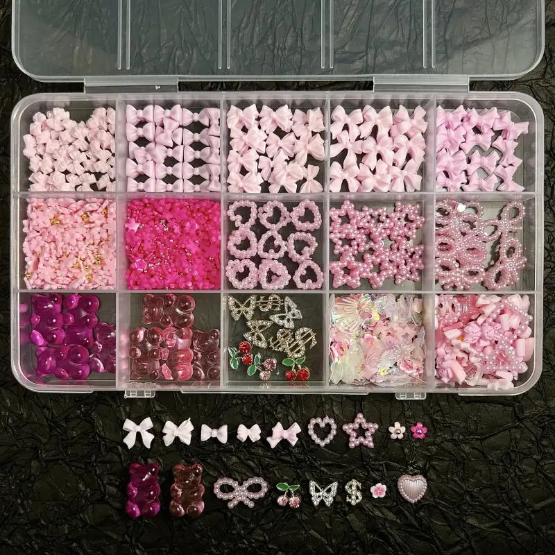 1 scatola di mini fiori a cinque petali Tis decorazioni per unghie artistiche fiocchi minimalisti stella scavata mista rosa pendenti per unghie accessori fai da te