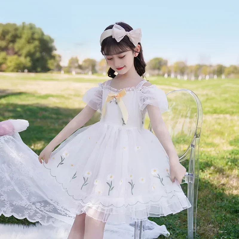 2024 Summer New Korean Edition Girls' Big Girl Mesh Princess Dress Fashion Bubble Sleeves Performance Dress