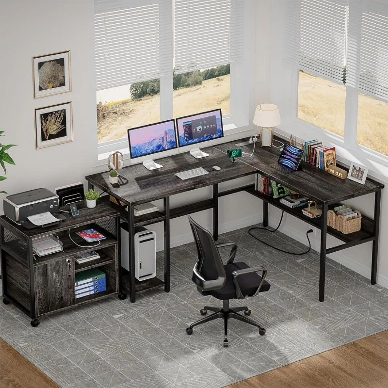 L Shaped Magic Power Outlets And USB Charging Ports, Sturdy Corner Computer Desk With Storage Shelv