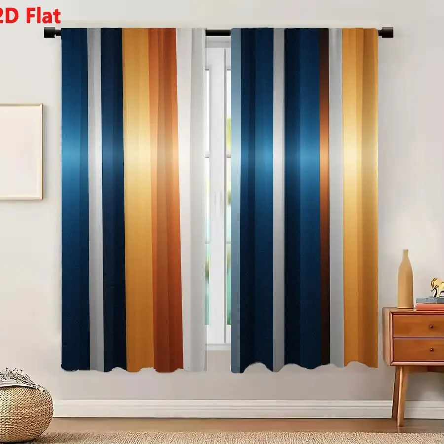 2Pcs Curtains 2D Flat Vertical Stripes Pattern With Blue White Orange And Brown Shades Gradient Metallic Sheen Symmetrical Decor