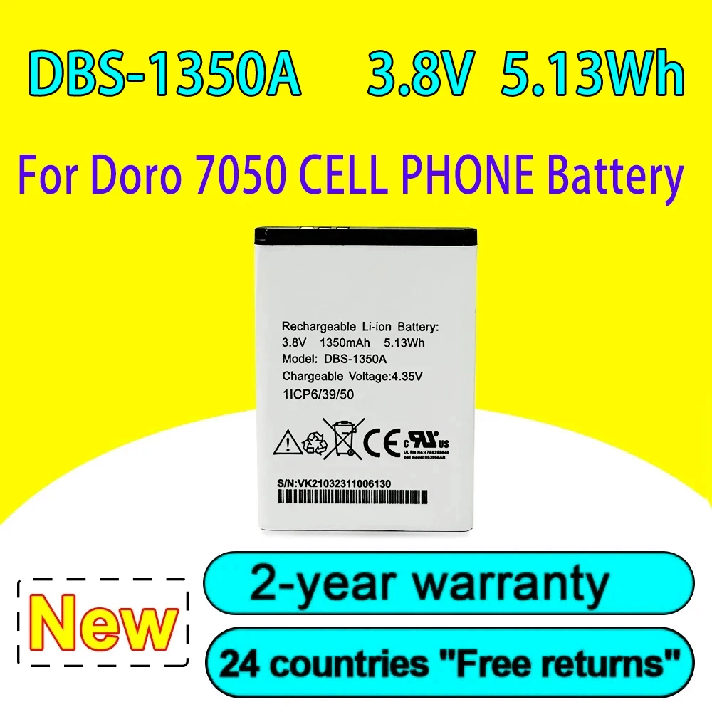 New DBS-1350A For Doro 7050 CELL PHONE Battery Rechargeable Li-ion 1ICP6/39/50 3.8V 5.13Wh 1350mAh 2-year warranty in stock