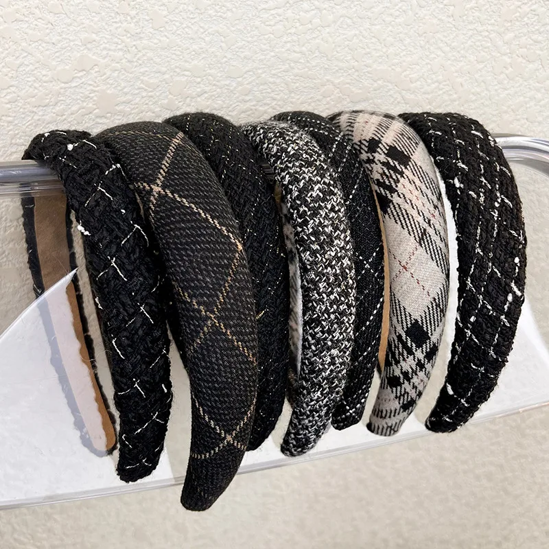 Autumn/Winter New Black And White Plaid Headband Sponge Wide Hair Band for Woman Girl Elegant Hair Hoop Fashion Hair Accessories