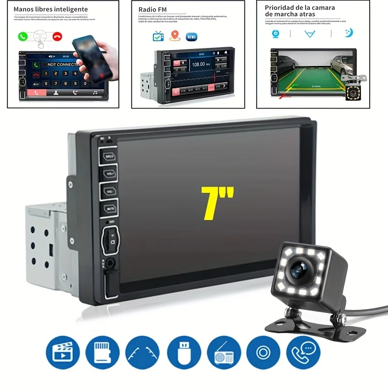 

7-дюймовая автомобильная стереосистема с сенсорным экраном, входом FM/Aux, USB-плеер MP5, зеркальная связь, 12-светодиодная камера заднего вида — автоматическая радиосистема 1DIN