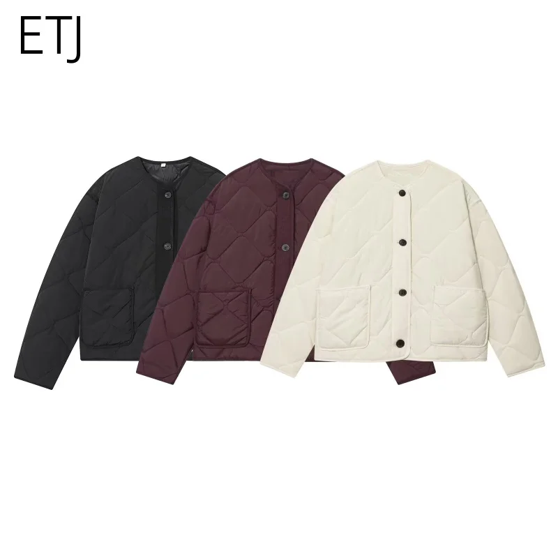 

ETJ 2025 women's new fashion round neck pocket embellishment waterproof jacket Lightweight quilted single breasted jacket