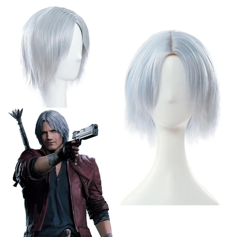 Peruca de cabelo sintética de jogo Dante para homens, DMC 5, disfarce de Halloween, figurino, acessórios de festa, prata