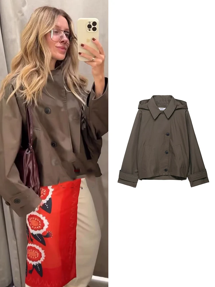 معطف نسائي فضفاض سترة واقية مع غطاء للرأس 2025 موضة ريترو جديدة كبيرة الحجم وأكمام طويلة معطف خندق مريح ملابس خارجية #1