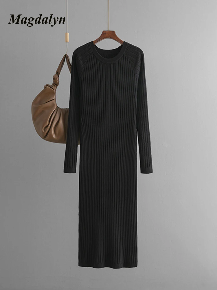 Magdalyn Women Soild Striped Sweater Midi Long Knitted Dress Casual  Elastic Long Sleeve Basic Warm Korean Autumn Winter Dresses