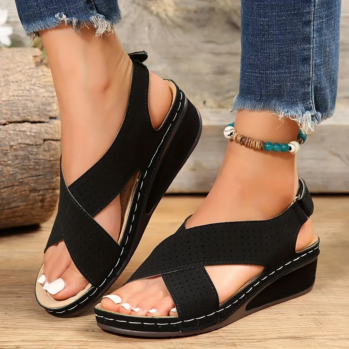 2025 new hollow cross with platform sandals women cross border Velcro solid color light wedge sandals beach sandals