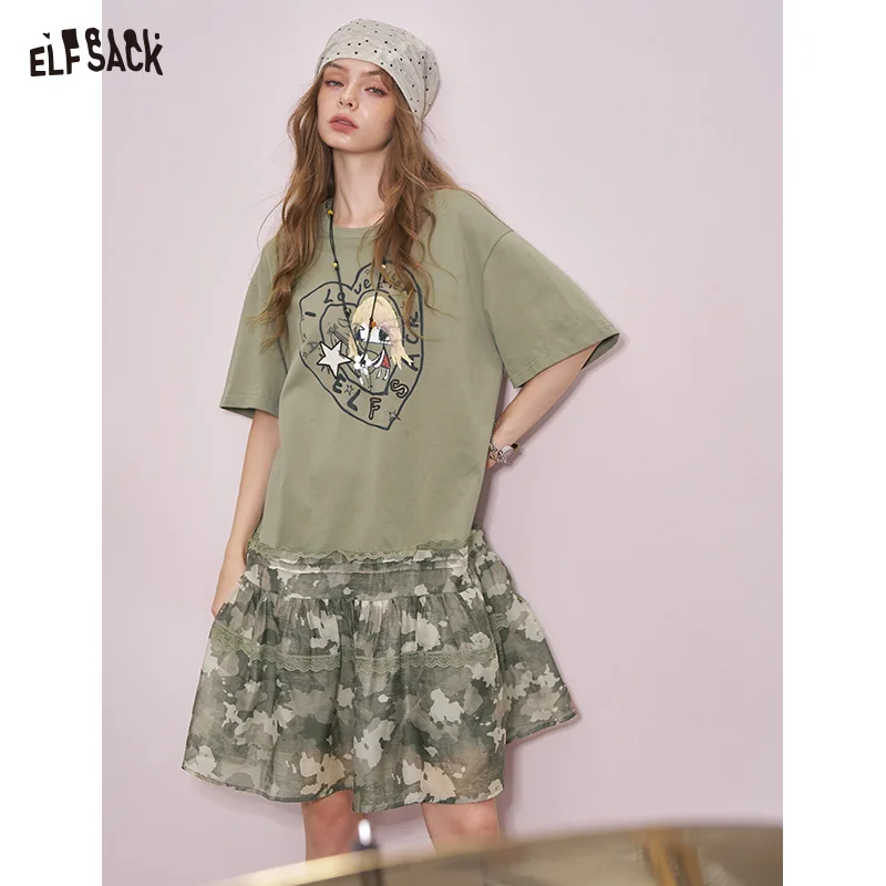 ELFSACK 2025 Summer New Arrival Cool Sweet Original Printed Loose T-Shirt Dress Camouflage Mesh Splicing Dress For Woman