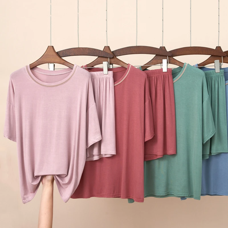 Women's Summer Lightweight Loose Modal Sleepwear Set Short Sleeve T-Shirt And Shorts Home Clothes Casual Wear Comfortable