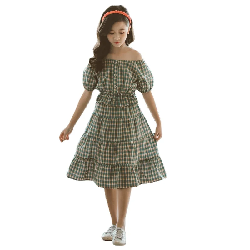 Plaid T Shirt Skirt Set for Children 2023 Summer Kids Outfits Fashion Green Teen Girls Clothing Set Kids Clothes 8 10 12 Years