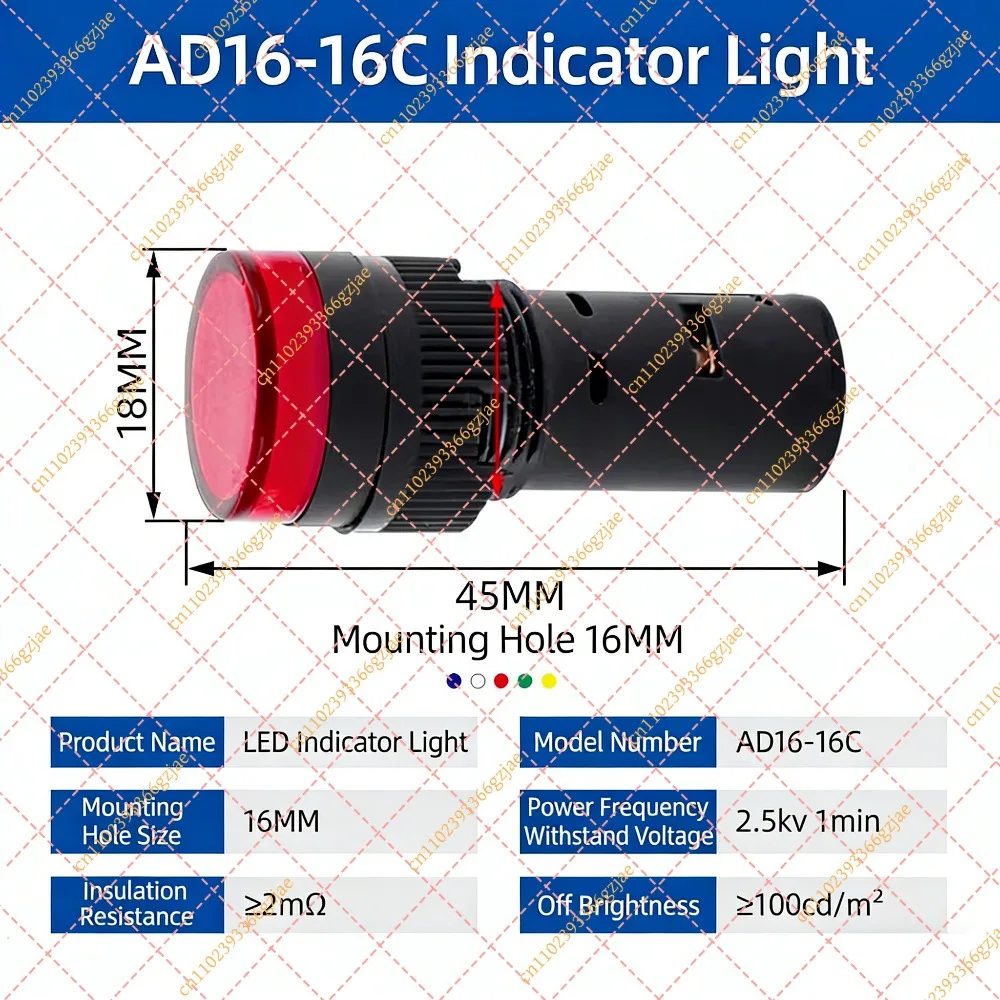 20pcs AD16-16C LED Indicator Light 16mm 24V 220V 380V Signal Pilot Lamp Red Yellow Green Blue White, Replacement Part