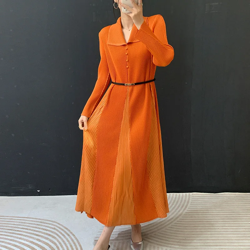 

Miyake Pleated Dress 2026 Spring New Solid Color Light Luxury Temperament Commuting Medium-length Skirt Big Swing Skirt Female