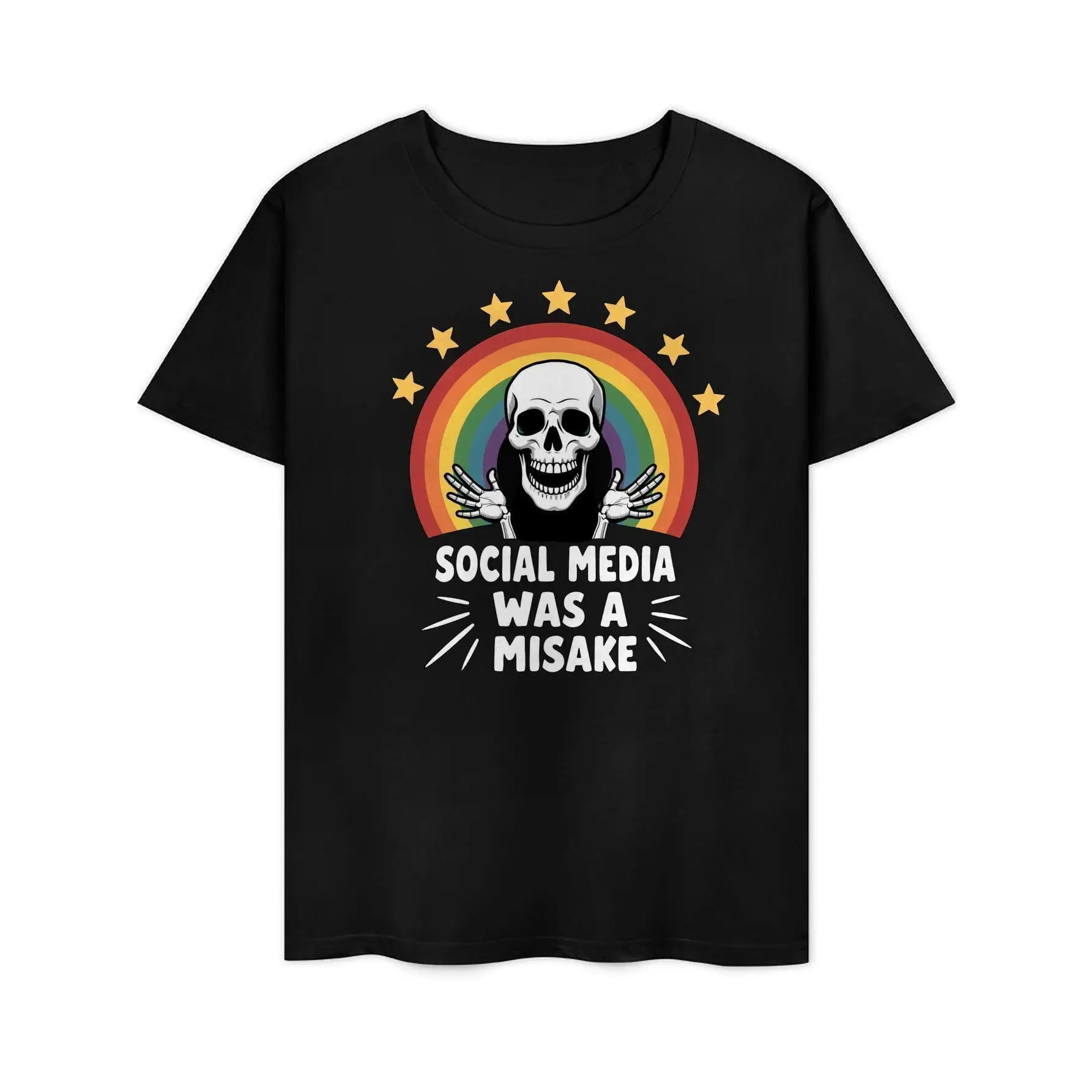 

Social Media Was A Mistake" T-Shirt Funny Skull Rainbow Print Tee Unisex Cotton Short Sleeve Top Sarcastic Humor Gift