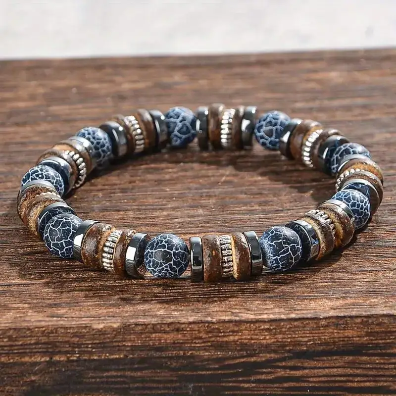 Chinese Style Lucky Feng Shui Handmade Cracked Stone Wood Bead Coco Shell Bracelet For Men Women Retro Blessing Good Fortune Jew