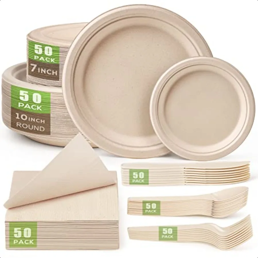 

Compostable Paper Plates Set 300 Pieces Plates 10inch Ecofriendly Paper Plates Heavyduty Utensils and Napkins for Party Made F