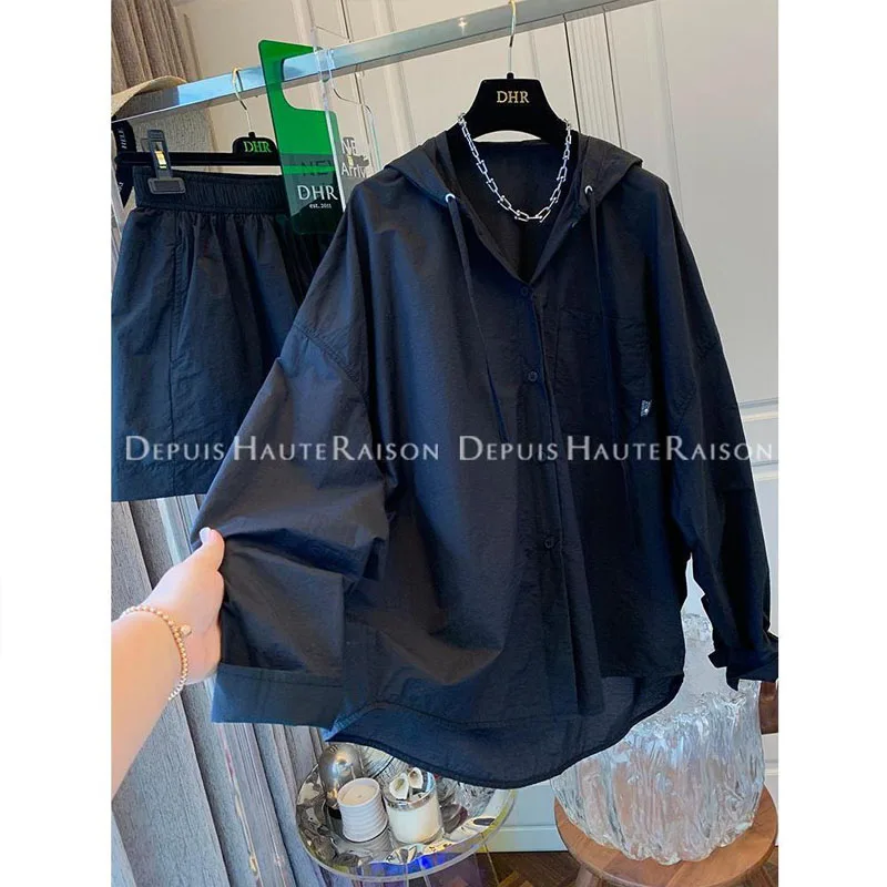 High Street Casual Large Size Quick Drying Summer Women New Hooded Shirt Loose Single-breasted Thin Coat Shorts Two Piece Set