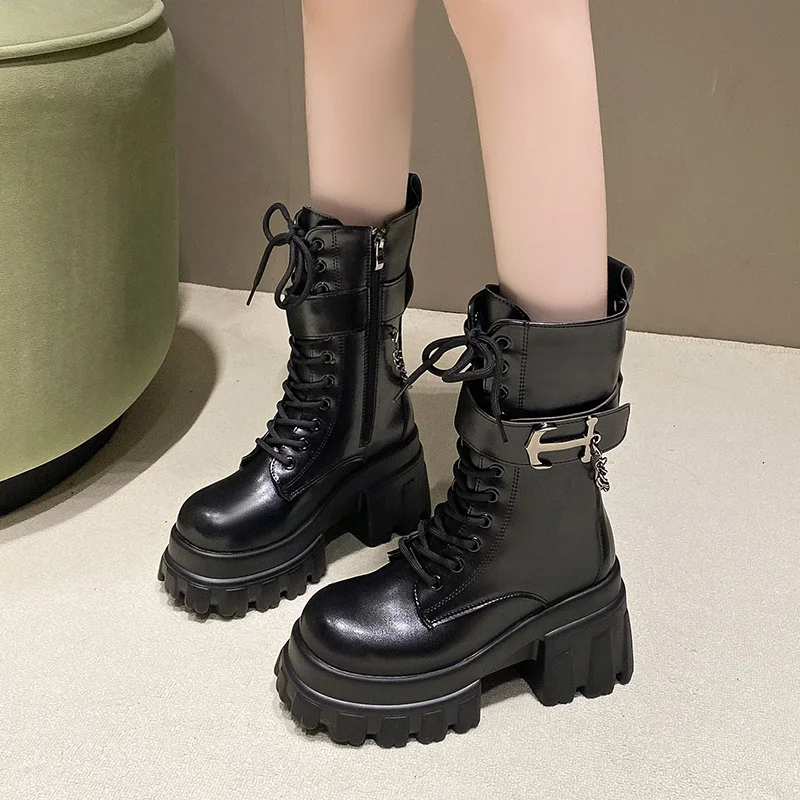 9CMChunky Platform Mid-Calf Boots Women New Autumn Winter Motorcycle Boots Woman Thick Bottom Non Slip Leather Combat Boots