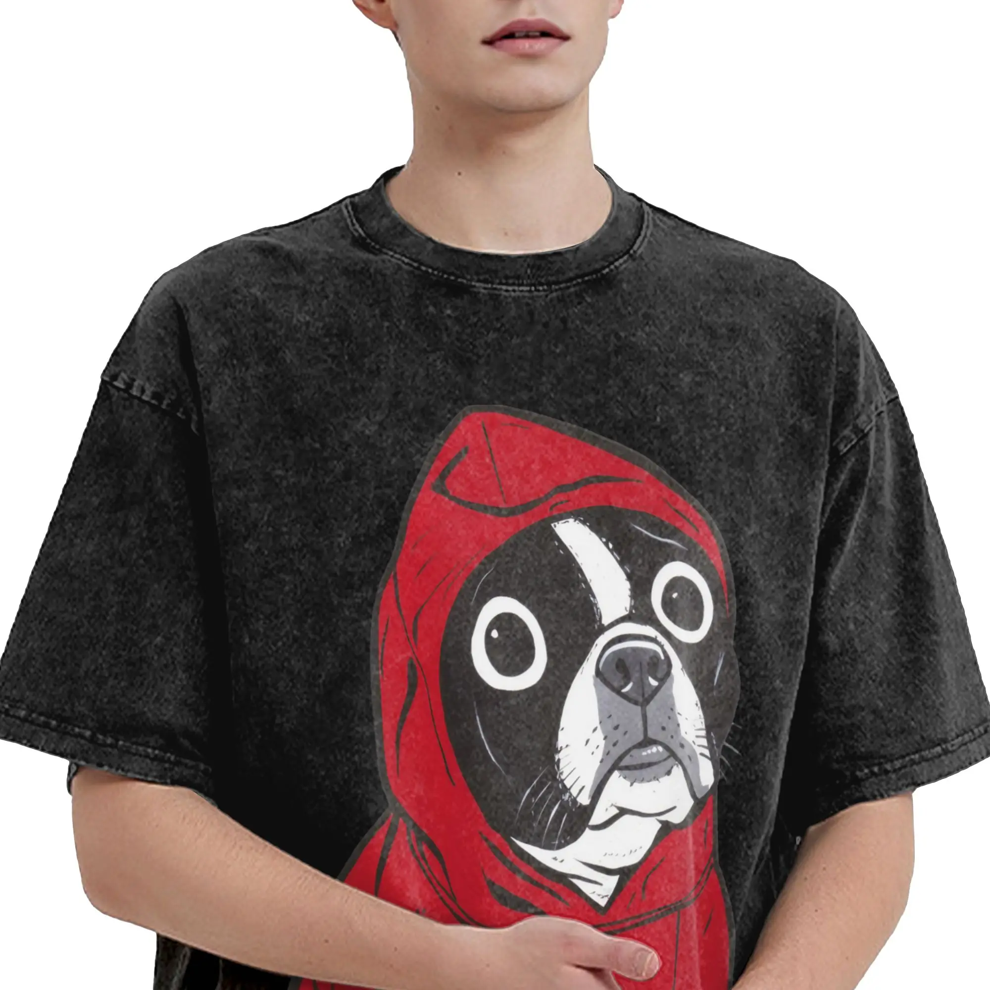 French Bulldog  T Shirts Washed Short Sleeve T-Shirt Boston Terrier in a Red Hoodie Men Women Streetwear Graphic Tops Tees