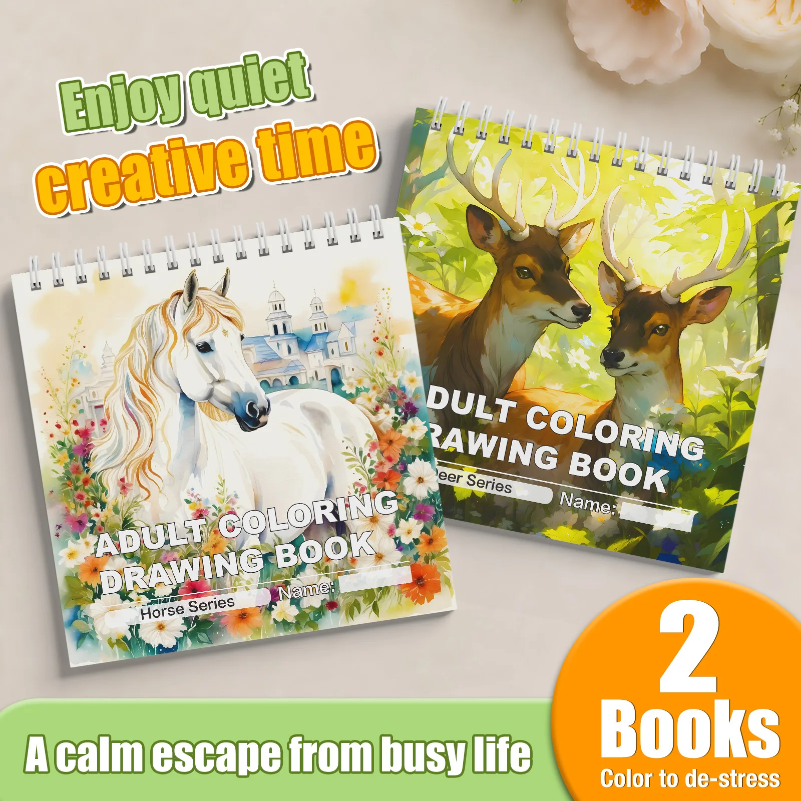 Animal Adult Coloring Book Set 2-Pack: Horse & Deer Coloring Drawing Books, Top Spiral Bound, 30 Pages Each