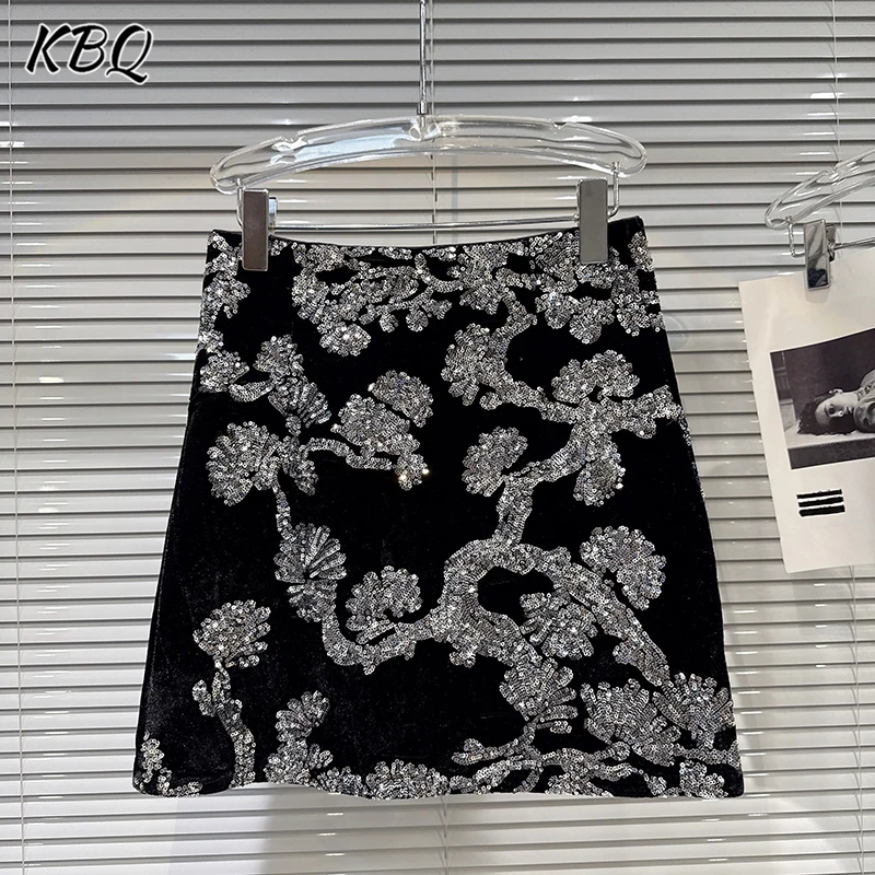 

KBQ Hit Color Light Роскошные короткие юбки в стиле ретро для женщин с высокой талией и серебряными блестками Бархатная юбка трапециевидной формы Женская мода Новая