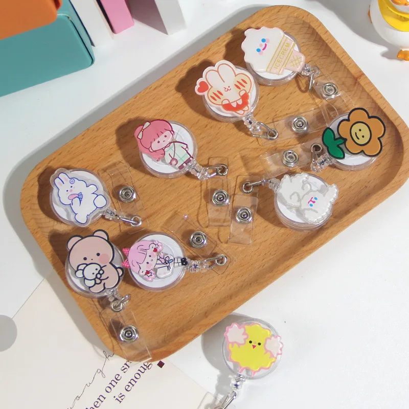 Acrylic Cartoon Retractable Badge Reel Cute ID Card Holder for Student Campus Meal Bus Card Decorative Elastic Lanyard with Clip