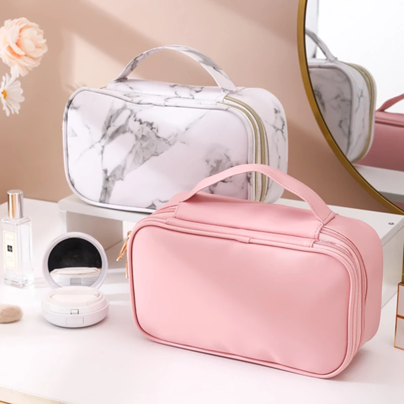 PVC Waterproof Cosmetic Bag Travel Double Layer Makeup Brush Storage Case Multifunctional Lady Toiletries Bag with Handle