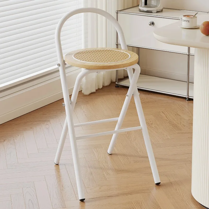 Rattan Bar Stool with Backrest, Folding High Foot Stool, Mid-Century Dining Chair for Home Kitchen Counter, Vintage Woven Seat